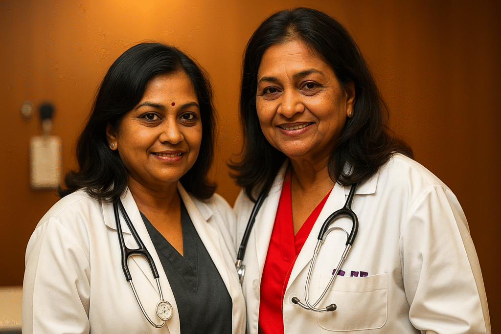 Two female doctors in white coats smiling with stethoscopes in a clinic setting