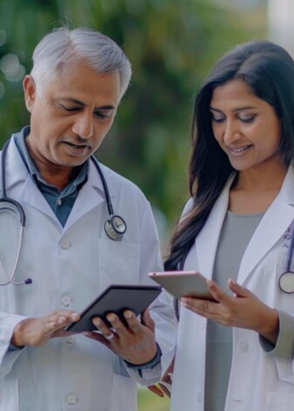 Two doctors in white coats reviewing patient information on digital tablets