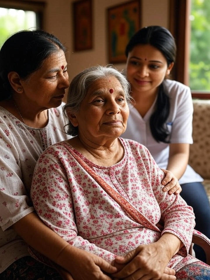Elderly woman seated indoors while a nurse and a family caregiver stand beside her, offering comfort and support