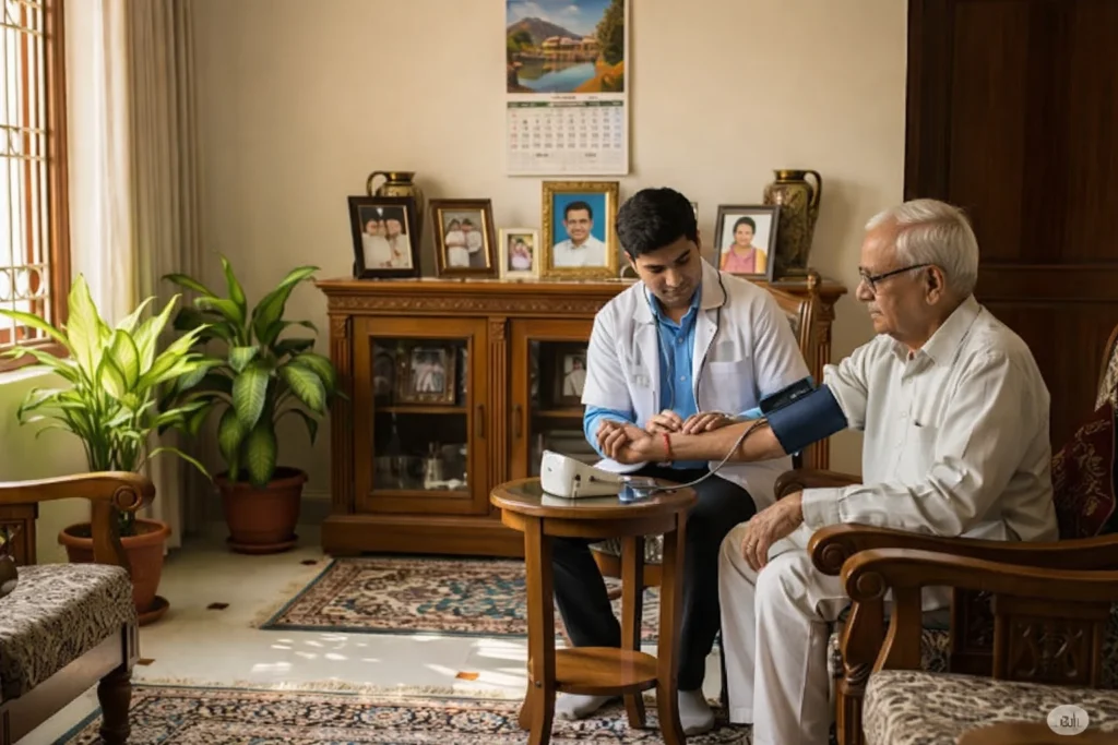 Professional doctor offering medical care at home for elderly patient