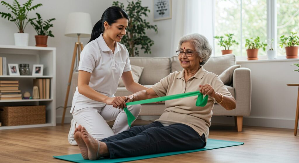 Physiotherapist treating an elderly woman at home with resistance band exercise