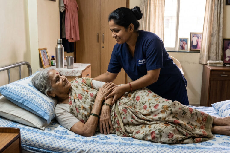 Home nurse repositioning a bedridden patient to prevent bedsores