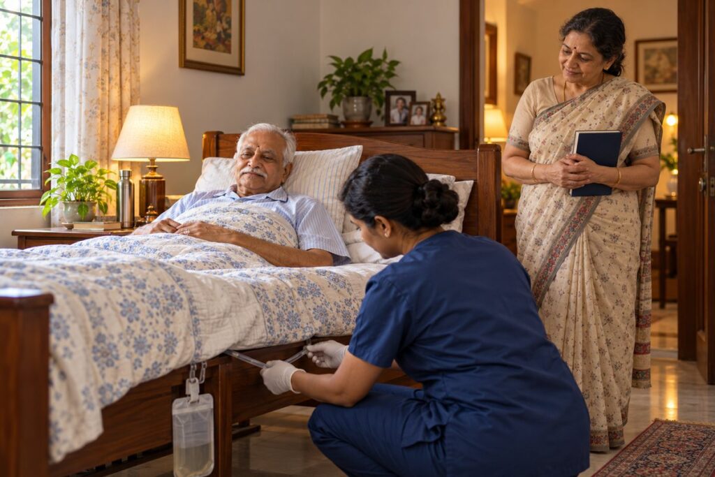 Nurse checking a senior man's catheter drainage tubing at his bedside at home while his wife watches