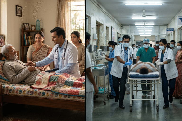 Family deciding whether to call a home doctor or go to the emergency room