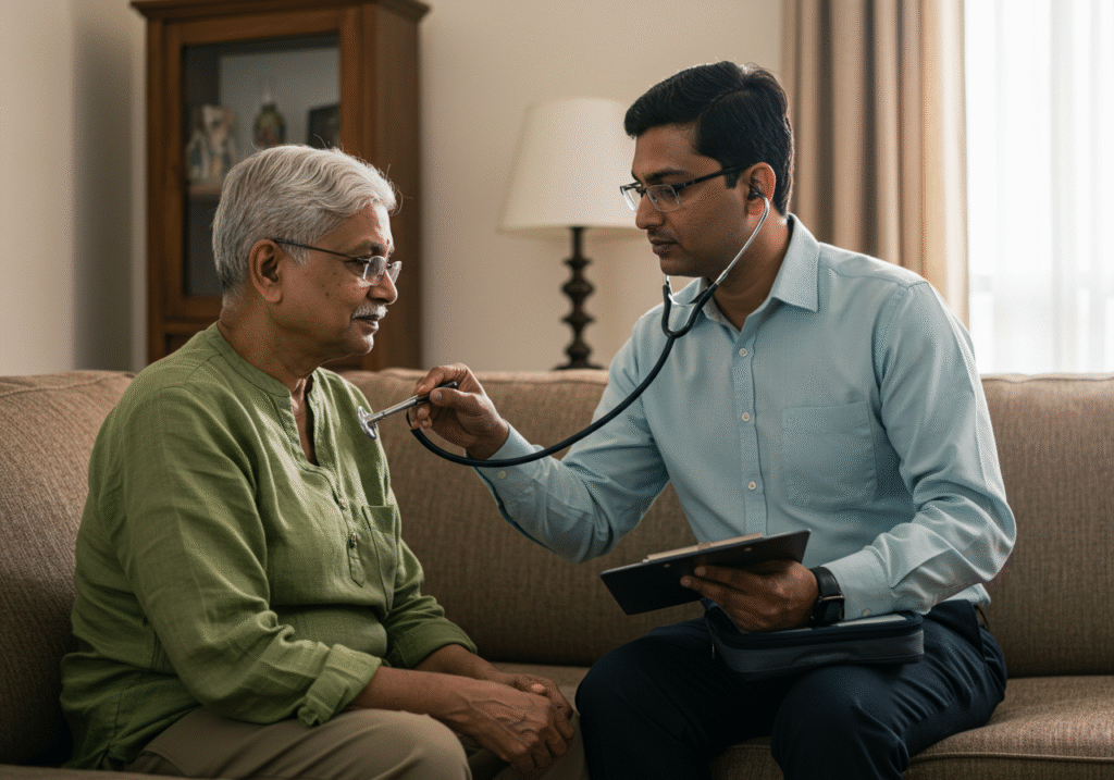Doctor at Door physician examining a patient at home in Nagpur with a stethoscope