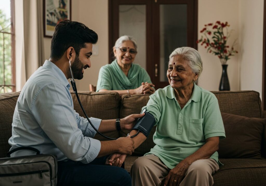 Doctor at Door physician checking an elderly patient's blood pressure at home in Pune