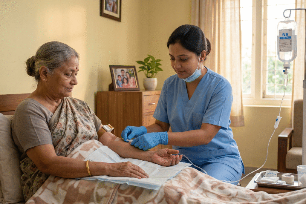 Nurse setting up an IV drip for a patient at home