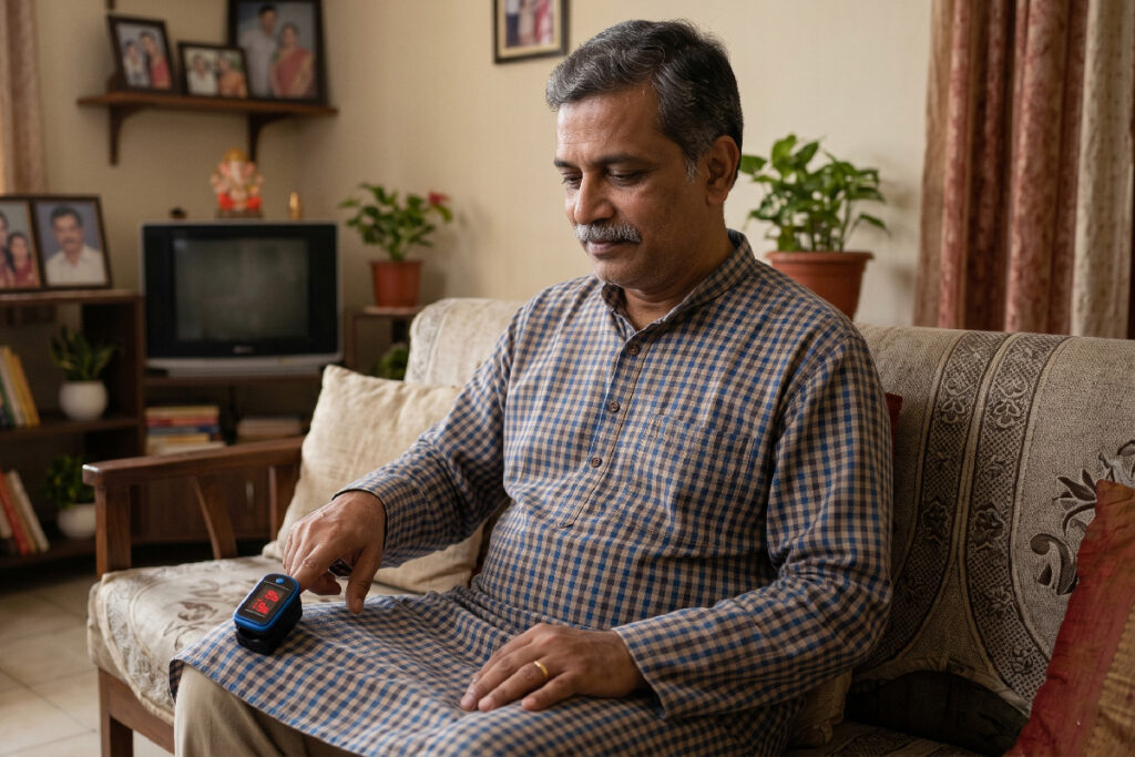Pulse oximeter on a finger measuring blood oxygen at home