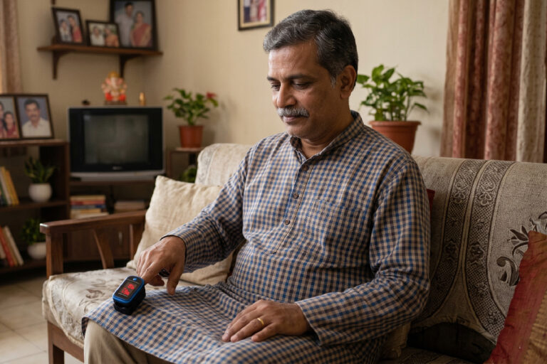 Pulse oximeter on a finger measuring blood oxygen at home