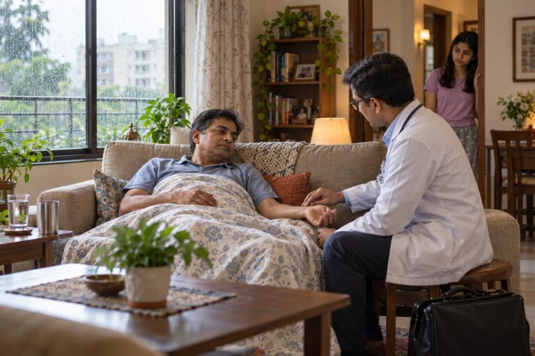 Doctor checking the pulse of a man with fever resting on a sofa at home during the monsoon