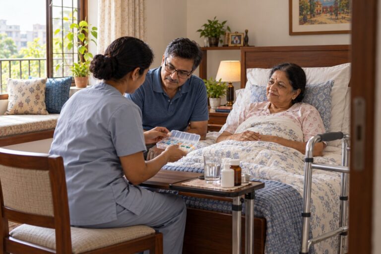 Nurse going through a weekly pill organiser with a woman recovering after surgery at home and her husband