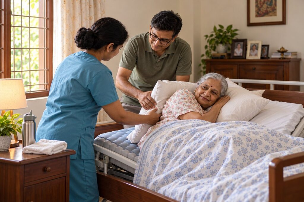Nurse guiding a son as he places a pillow behind his bedridden mother at home