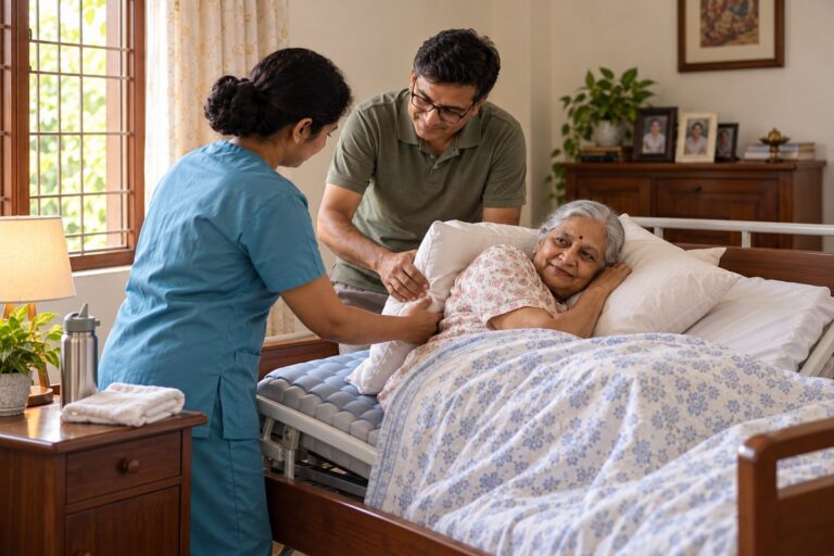 Nurse guiding a son as he places a pillow behind his bedridden mother at home