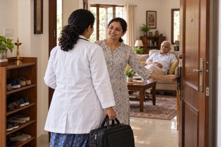 Doctor with a medical bag arriving at a Pune apartment door for a same-day home visit