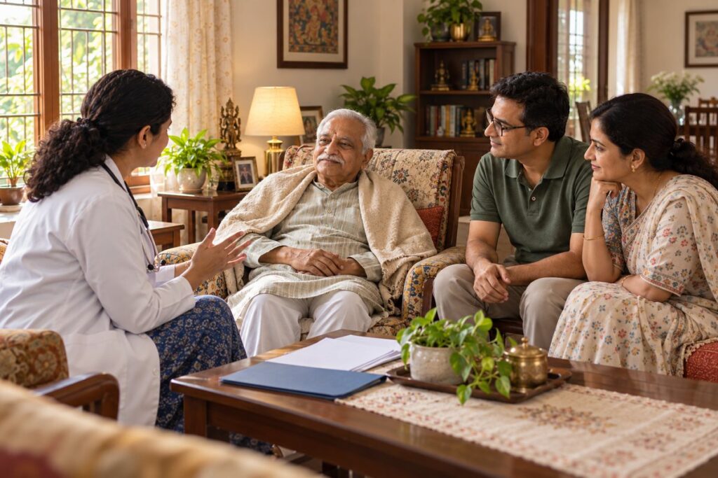 Family discussing an elderly father's care options with a doctor in their living room